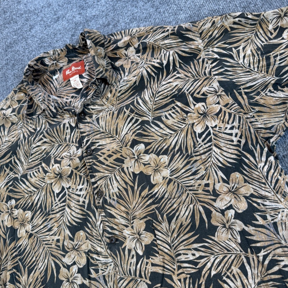 Kitsch Pau Hana Hawaii 3XL Tropical Palm Hibiscus Floral Button Up Shirt Brown